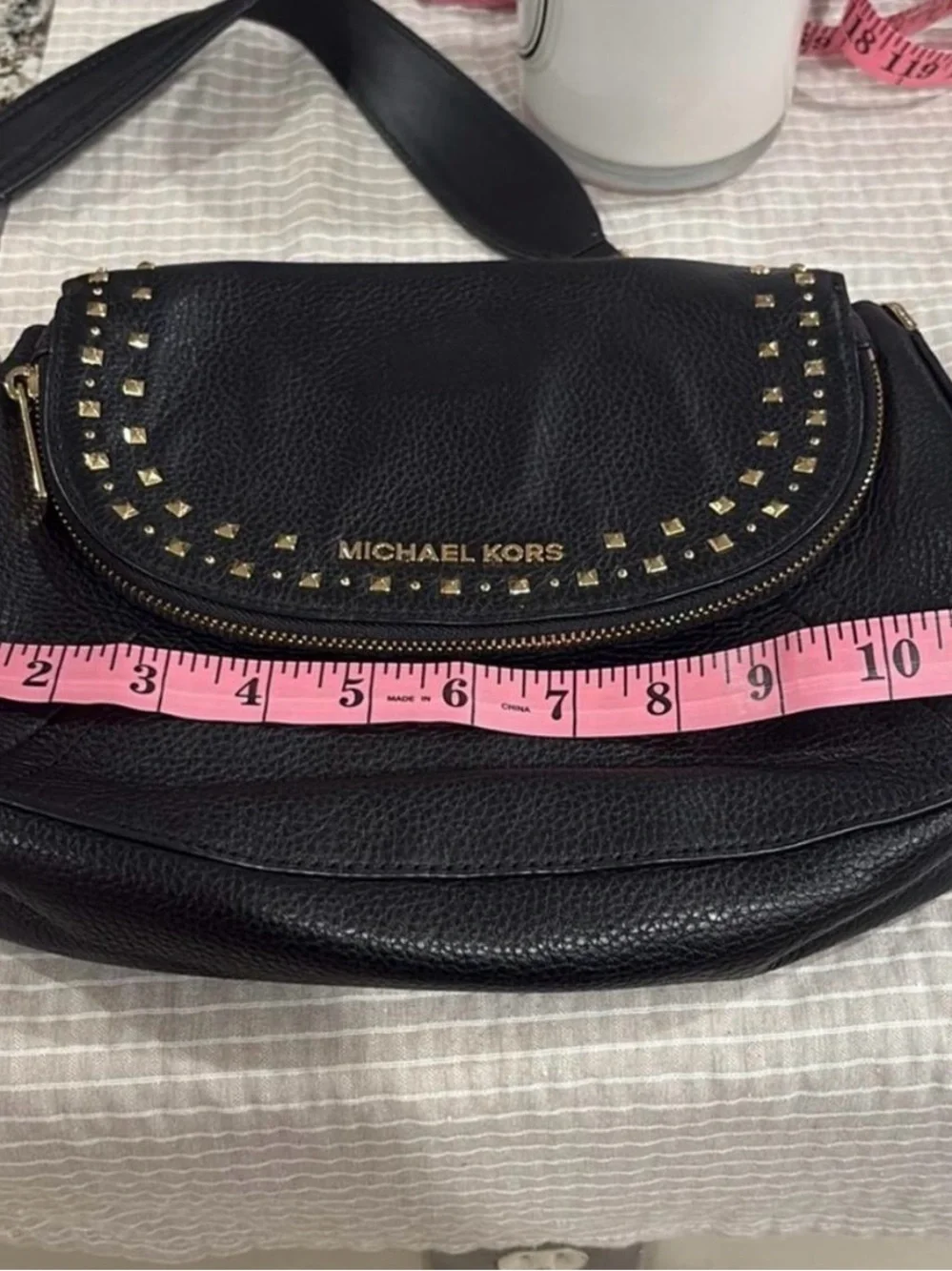 Michael Kors Aria Black Leather Studded Shoulder Bag with Gold Hardware